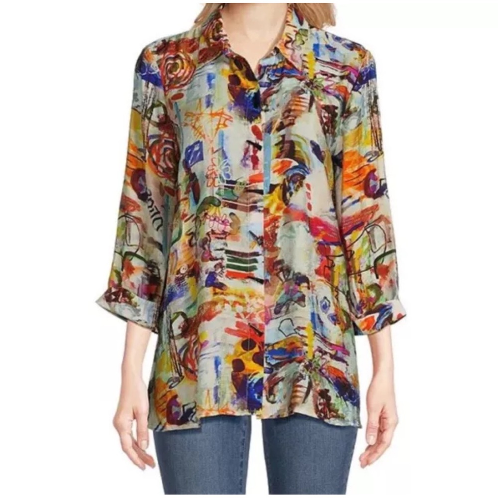 NWT Ali Miles Petite Size PS  Abstract Print Collared 3/4 Cuffed Sleeve Tunic